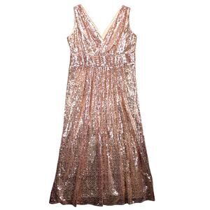 Kate Kasin Women's 18W Rose Gold Sequin Maxi Dress Babydoll High Waist V-Neck